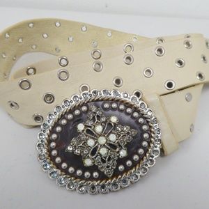 LEATHEROCK BELT white crystal studded belt USA L